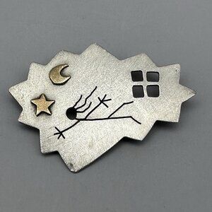 Modern Laurie Flannery Artisan Signed Brooch Sterling Silver & Brass Details Pin